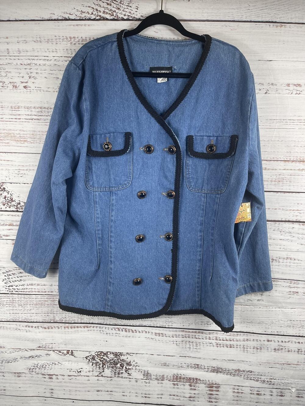 Vintage Tickets Jacket Women's Size 18 Denim Double Breasted Trim Made USA 90s